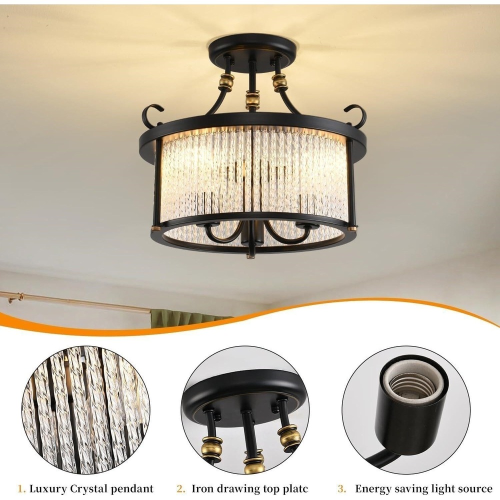 Blinghy Crystal Chandelier-Semi Flush Mount Ceiling Light Hallway Fixtures Black - Picture 4 of 9